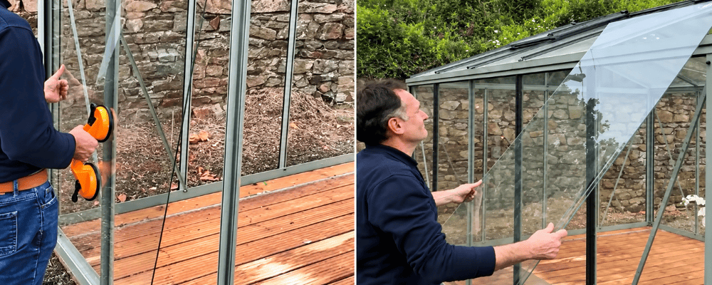 Pose des verres de paroi et de toiture d’une serre